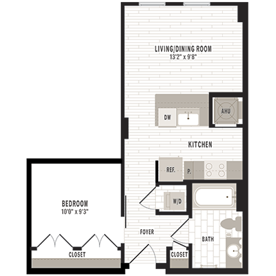 overhead beige, gray and white illustration of S1 one bedroom one bathroom floor plan at Jefferson MarketPlace apartments in Shaw DC
